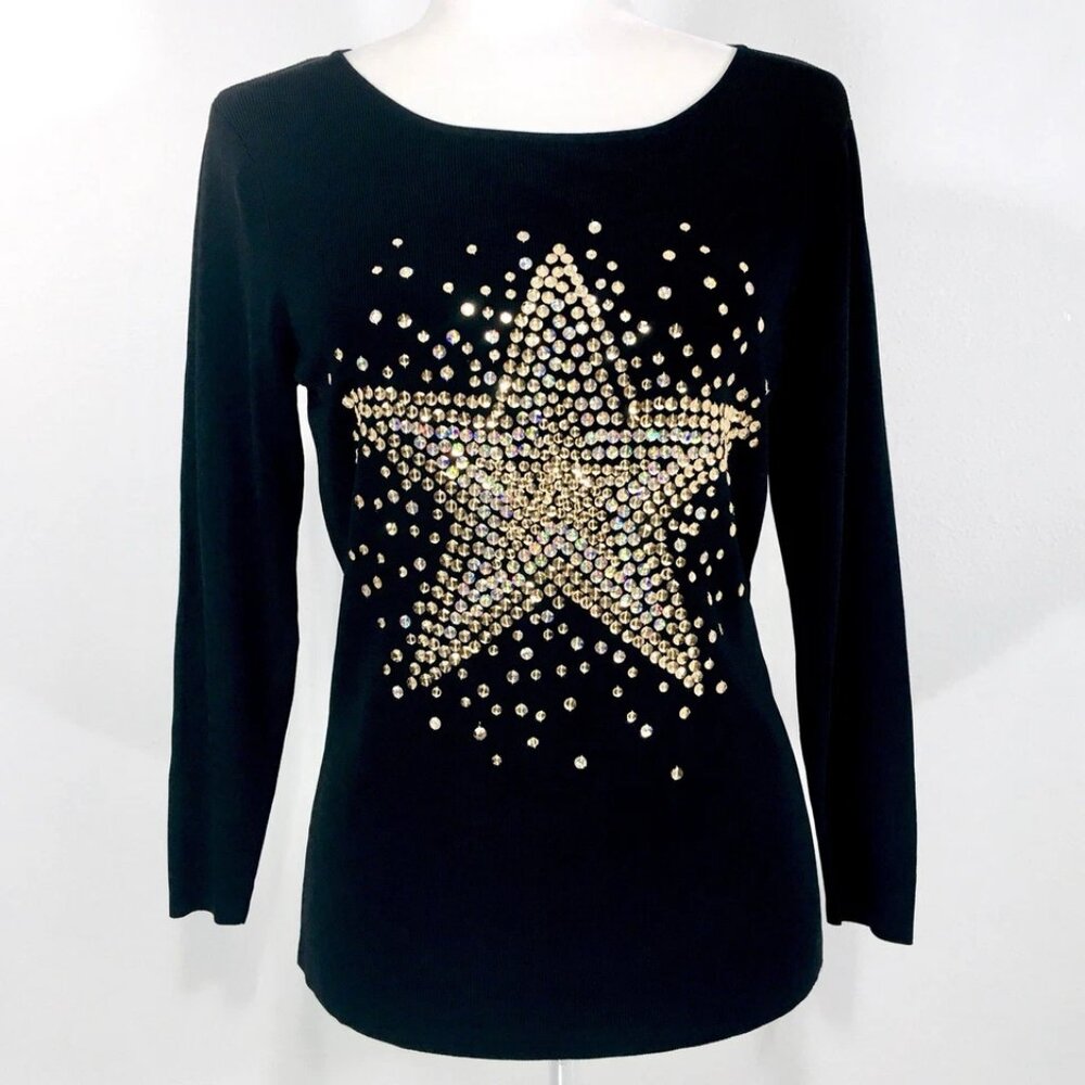Lucia Burns Slinky Knit Top Sz M Gold/Iridescent Sequin Star Stretchy Holidays